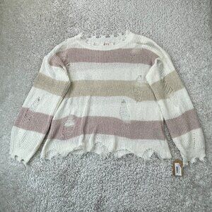 POL White Multi Stripe Distressed Sweater Womens Small NEW